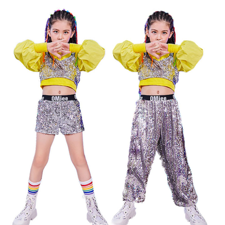 LOLANTA Girls Hip Hop Outfit Streetwear Korean Crop Top Sequins Vest Silver  Jogger Pants Dance Clothes Set Children Stage Performance Costume Modern  Jazz Dance Team Dancewear for Kids