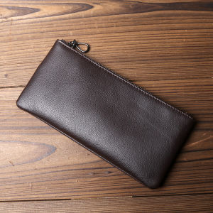 Leather Mens Long Wallet Top Layer Leather Zipper Ultra-Thin Wallet Retro Trend Hand Mobile Phone Bag Simple Ladies Wallet