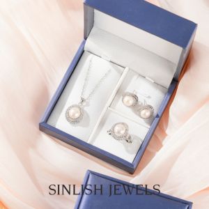 SINLISH Pearl Jewelry Set with Zircon Necklace Earrings Ring Elegant Gift for Dinner or Daily Wear