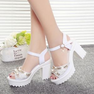Free Shipping WomenS Sandals 2026 Summer Korean Style Platform High Heels With Thick Heels Waterproof Platform One-Strap Fish-Mouth Sandals With Rhinestones