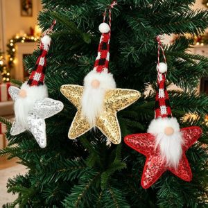 FLYING Sequined Fabric Christmas Gnome Ornament Hanging Star Shaped Santa Claus Hanging Ornament Gifts Star Gnome Decoration Christmas Tree Decor