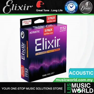 Elixir 16564 Nanoweb Acoustic Guitar String Bronze Light Bright Smooth 3 Pack (11-52)