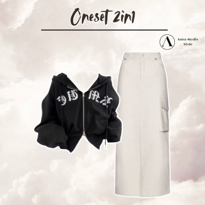 Oneset Setelan Remaja Wanita Korean Style ( Sweater Croope + Rok Cargo + Kacamata + Tas ) AM231R Keren