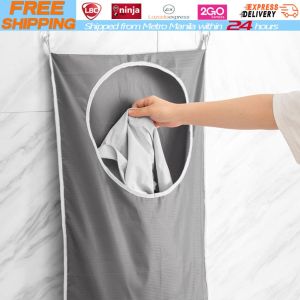 【Local Warehouse】Bathroom Folding Laundry Basket Organizer for Dirty Clothes Mesh Storage Bag Wall Hanging Basket Bathroom Cloth Storage Bag Hanging Splash-Proof Zipper Laundry Hamper Punch-Free Wall Mounted Easy Accessing for Room