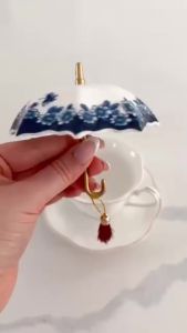 Umbrella Shape Tea Strainer Blue & White Porcelain Ceramic Infuser Loose Leaf Filter with Brass Handle Tassel Chinese Diffuser for Kung Fu Cup Tea Infuser Set Strainer(Blue)