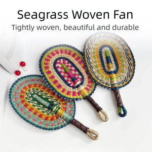 LMS70 โบฮีเมียน ร่มทอจากหญ้าทะเล วินเทจ ลายทางสีสันสดใส ร่มถักมือ แฟนพัดลมแบบหมุนมือ แบบพกพา ร่มหางแมว ของตกแต่งบ้าน