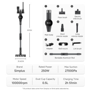 Simplus Vacuum Cleaner丨27000Pa Suction Power丨Green Light Detection丨Bendable Design丨Hyper Suction-S8 Flex Pro