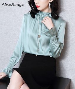CLE Alisa.Sonya Spring New Imitated Silk Shirt Women Flare Long Sleeve Flounced Scoop Collar Loose Slim Casual Satin Blouse Tops