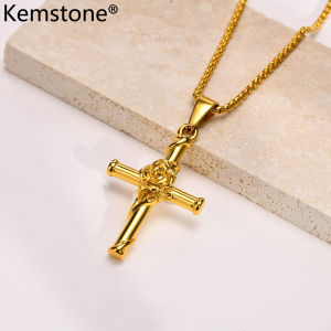 Kemstone Stainless Steel Cross Rose Flower Gold Silver Plated Male Pendant Necklace Jewelry Gift