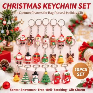 10Pcs Cute Christmas Cartoon Keychain Set Santa Snowman Reindeer Wreath Bell Charms Bag Pendant Holiday Xmas Gift Party Decoration