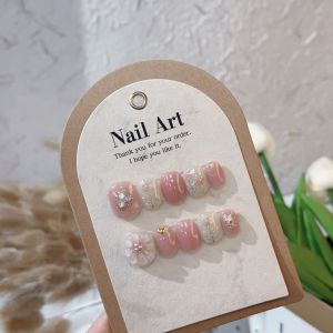 [HANDMADE]Artificial Nail Fake Nails Hand-Painted Tulip 3 D Flower Pink White Short Square Circle Phototpy Nails Fake Nails Reusable and Removable Nails