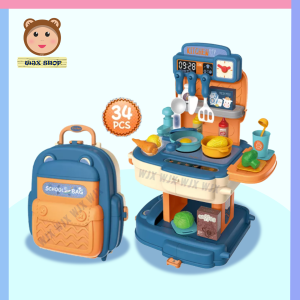 【2IN1】WJX Simulation Chef Kitchen Cooking Transform School Bag Suitcase Table Tableware Children Pretend Play Stall Toy Set Transform / Mainan Budak Masak Masak