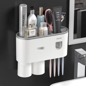 No-Drill Multi-Compartment Toothbrush Holder with Built-In Toothpaste Dispenser Strong Adhesive & No-Drill Installation