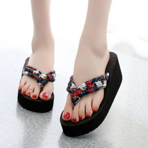 [Free Shipping] Ins Womens Fashion Flip-Flops Thick-Soled Floral Print Wedge Beach Sandals for Summer