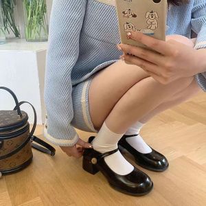 Mary Jane Womens Leather Shoes Korean Slope Heel Student Shoes Black strappy shoes