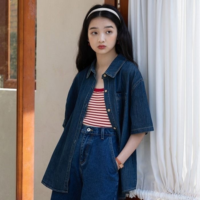 Vintage denim shirt for girls women korean style oversized loose