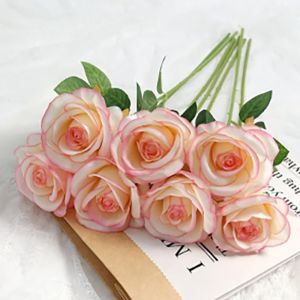 1PC Artificial Silk Rose Flower Bouquet  Wedding Home Party Decoration Lifelike Fake Rose Brides Bouquet Table Vase Decor Accessories Event Gift Simulation Flowers