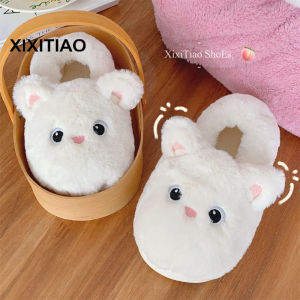 XIXITIAO Interior Home Student New Plush Comfortable Soft Bottom Confinement Shoes Female Winter Cute Kitten Warm Keeping Heel Cover Cotton Slippers