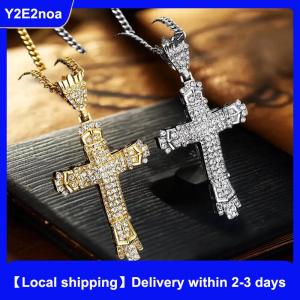 【Local shipping】 Unique Hip Hop Inlaid Rhinestone Exaggerated Retro Cross Pendant Men Necklace Jewelry Accessries