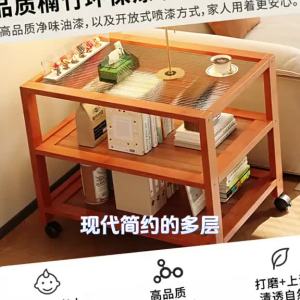 [SG Seller]Mobile Bamboo Side Table with Tempered Glass Top 3-Tier Storage Cart for Small Spaces
