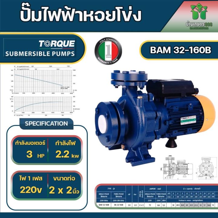 TORQUE BAM32/160B ปั๊มหอยโข่ง 3 แรงม้า ใบพัดทองเหลืองอิตาลี