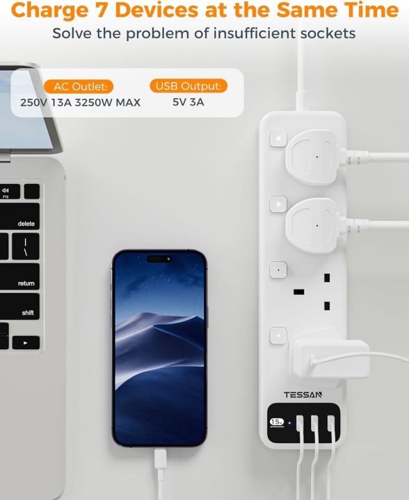 TESSAN Extension Lead USB, Power Socket USB Adapter Multi Plug