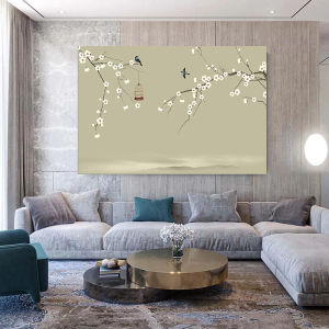 New Chinese style ink art branch bird flower poster and printed canvas painting art living room home decoration 1PCS Wooden Inner Framed or Frameless (or Black Aluminum Alloy Framed)