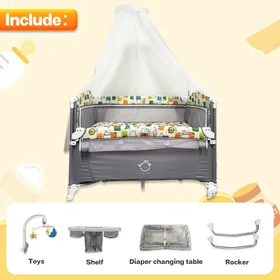 Baby Crib 2 Layer Foldable Portable Baby Playpen Travel Cot With mosquito net hanging toys storage basket Baby Bed For Toddler Co-sleeper Crib For Baby