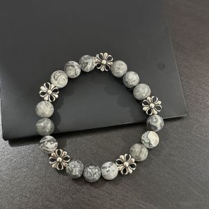 S925 Silver Feng Shui Ink Stone Elastic Round Bead Bracelet Cross Flower Bead Retro Old Bracelet Neutral Style All-match
