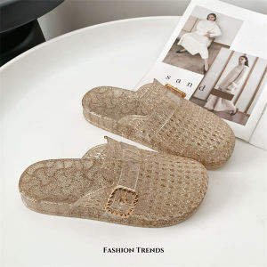Crystal Jelly Closed-Toe Slippers For Women Summer Hollow-Out Comfortable Soft-Soled Slip-On Waterproof Non-Slip Beach Sandals For Outdoor Wear