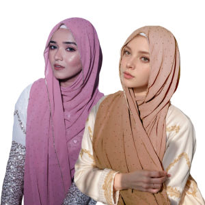 Jifang Shimmer Starry Rhinestones Crystal Beads Golden Chain Heavy Bubble Chiffon Shawl Pashmina Raya Party Wedding Muslim Hijabs Shawls WJ136