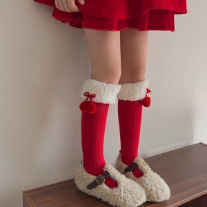 YUDESHUI Dày Vớ trẻ em Đỏ Ấm áp Vớ trẻ em màu đỏ Bông Vớ ống giữa Cô Gái