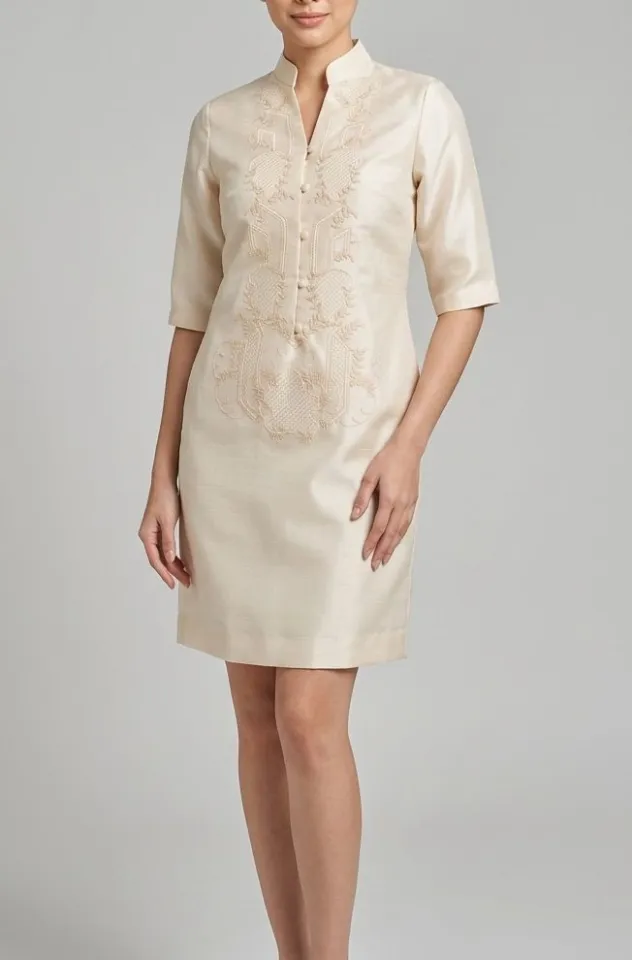 modern style knee length modern filipiniana dress Barong Mandarin Collar V 3/4 sleeves beige Silk Pina Organza Material Beige Dress Regular Fit 3/4 Sleeves - Lazada chanderi