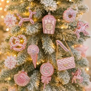 UMBRAULI Cartoon Christmas Ice Cream Pendant Shiny Pink Plastic Xmas Snowflake Pendant Window Decoration 3D Christmas Tree Ornaments Christmas Holiday