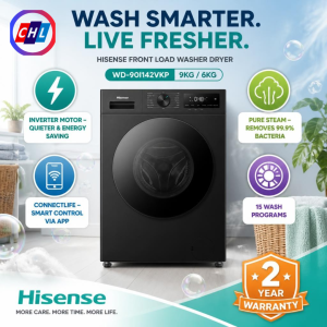 HISENSE FRONT LOAD 9KG/6KG WASHER DRYER WITH DUAL-STEAM HYGIENE CLOUD - WD-90I142VKP