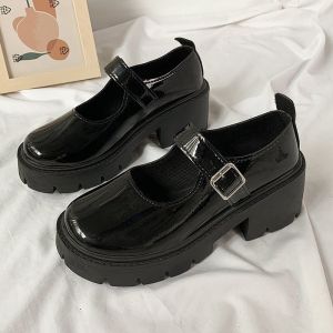 Womens Round Toe Leather Shoes British Style Thick Sole Buckle Mary Jane Shoes