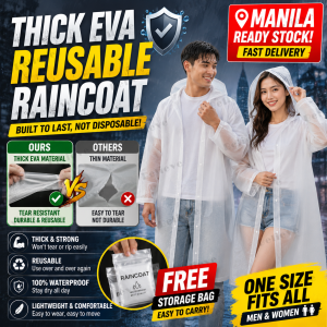BELIEVE 2PCS Thick EVA Raincoat Waterproof Heavy Duty Reusable Hooded Rain Coat Durable Tear Resistant Long Sleeve Rainwear for Men Women with Free Storage Bag Manila Ready Stock