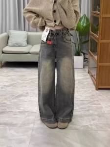 กางเกงยีนส์ทำสีเก่าๆย้อนยุค สีสนิมเทา กางเกงรากพื้นเอวสูงทรงหลวม (Y#3850)