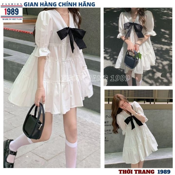 Váy babydoll kiểu V.073, Váy cổ vuông rút eo tay bồng nhẹ tiểu thư style Hàn  Quốc | Shopee Việt Nam