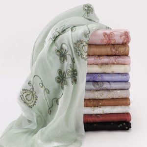CANICECA Elegant Hijab Shawl Embroidery Shimmer Glitter Crinkle Shawl Flowy Lightweight Chiffon Glitter Chiffon Shawl for Women