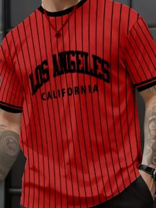 Mens T-Shirt Los Angeles Printed Striped T-Shirt Mens Casual Street Vintage Style Sporty O-Neck Tee Casual Short Sleeve Tops