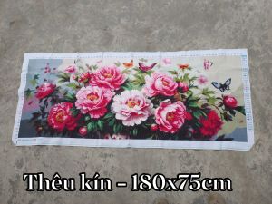 THÊU SẴN Tranh thêu chữ thập thành phẩm hoa mẫu đơn 180*75cm - thêu kín