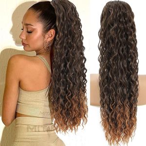 OMQAIO Ombre Tóc giả tổng hợp sóng dài xoăn 22 inch Chịu nhiệt Tóc giả đuôi ngựa có dây rút Phụ kiện tóc Kẹp vào Phần tóc nối Dành cho phụ nữ và trẻ em gái