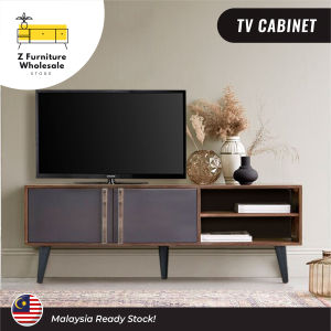 Mid Century Modern Two-Tone 5.5ft TV Stand TV Cabinet with Open Shelves and Swing Door Cabinet | 160cm Kabinet TV| 5.5ft Hall Cabinet TV Console | 5.5 Kaki Kabinet Konsole TV H45 x W160 x D41 cm |5.5尺北欧风格灰色胡桃色极简电视柜小户型客厅家具