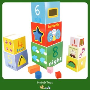 Hntob Wooden Wraps The Box(8pcs) Shape(7pcs) Stacking Wood Educatinal Toy Kids