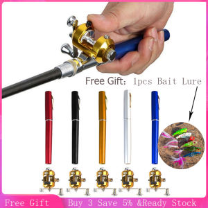 MC Free Ship&Ready stock 1/2pcs Mini Fishing Rod+Fishing Reel+ Fishing Lure Fishing Pole Pen Shape Folded Fishing Rod Portable Pocket Telescopic Five-star praise