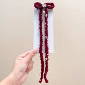 40CM Sweet Red Snowflake Bowknot Hair Clip Hairpins for Women Girls Long Tassel Bow Side Clip Hair Decor Accessories New Year Gifts