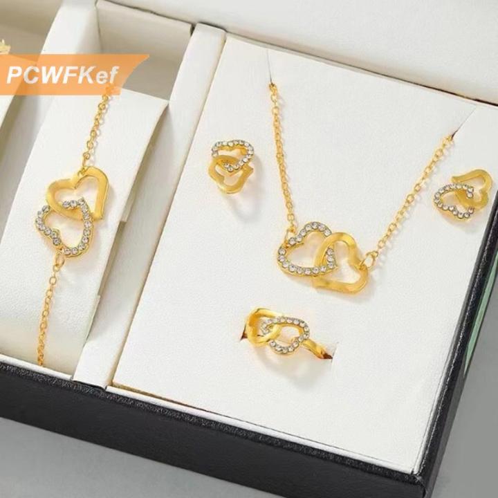 【PCWFKef】5PCS Set Heart Shaped Jewelry Sets Of Ring Earrings Necklace For  Women Elegance Rhinestone Double Heart Jewelry Lazada PH