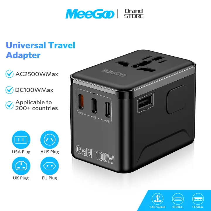 MeeGoo Universal GaN Adapter 100W Travel International USB Type C Adapter Fast Charger Plug