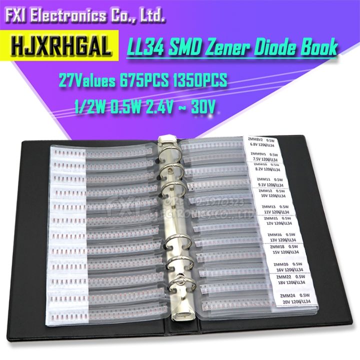 27 Values 675/1350PCS LL34 SMD Zener Diode Book 1/2W 2.4v ~ 30v Package Assorted Kit 05w Sample Book Commonly Sample Kit I3727899411